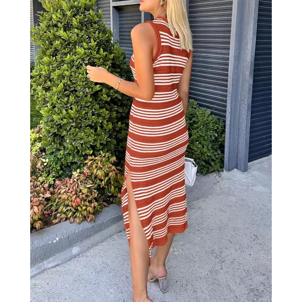 imageBTFBM Womens Sleeveless Summer Dresses 2024 Crew Neck Casual Sundress Hollow Out Side Slit Bodycon Knit Long Tank DressStriped Rust Red