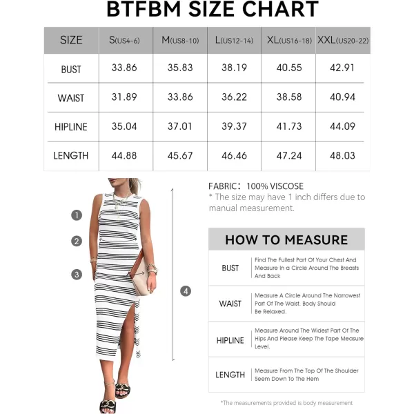imageBTFBM Womens Sleeveless Summer Dresses 2024 Crew Neck Casual Sundress Hollow Out Side Slit Bodycon Knit Long Tank DressStriped White