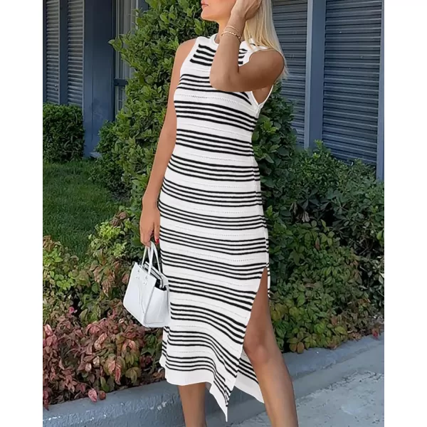 imageBTFBM Womens Sleeveless Summer Dresses 2024 Crew Neck Casual Sundress Hollow Out Side Slit Bodycon Knit Long Tank DressStriped White