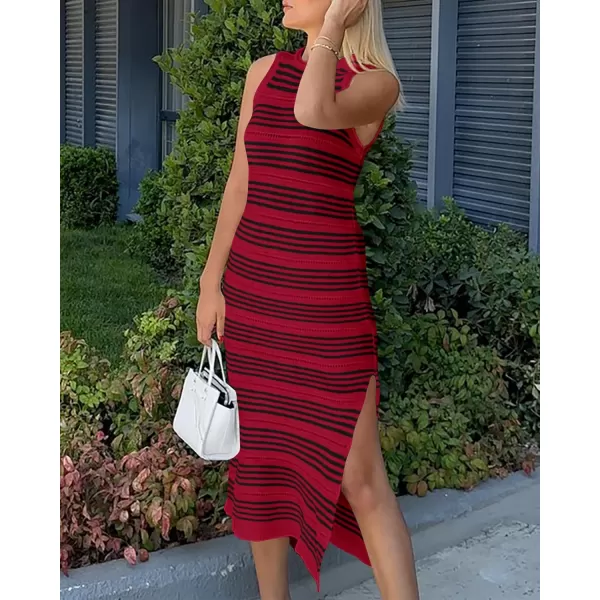 imageBTFBM Womens Sleeveless Summer Dresses 2024 Crew Neck Casual Sundress Hollow Out Side Slit Bodycon Knit Long Tank DressStriped Wine Red