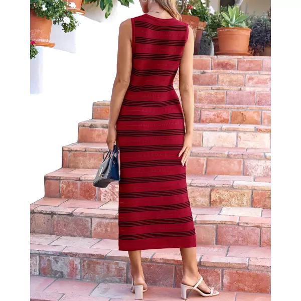 imageBTFBM Womens Sleeveless Summer Dresses 2024 Crew Neck Casual Sundress Hollow Out Side Slit Bodycon Knit Long Tank DressStriped Wine Red