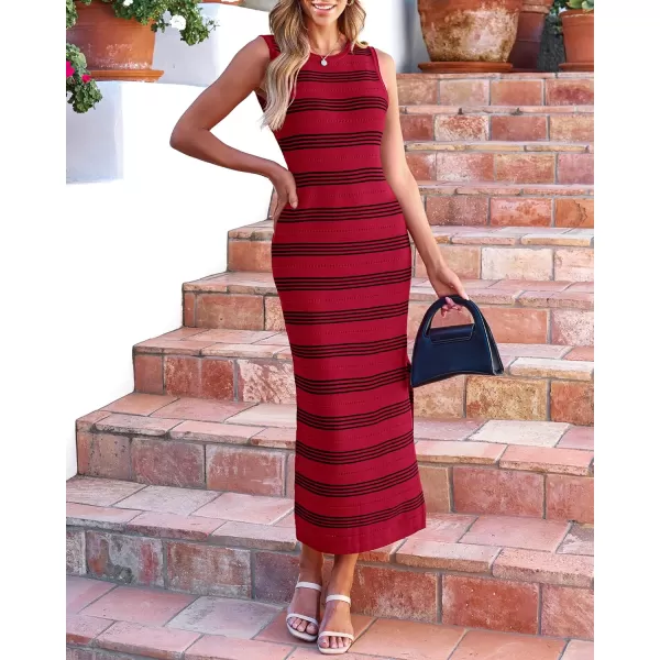 imageBTFBM Womens Sleeveless Summer Dresses 2024 Crew Neck Casual Sundress Hollow Out Side Slit Bodycon Knit Long Tank DressStriped Wine Red