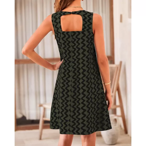 imageBTFBM Womens Sleeveless Summer T Shirt Dress Vintage Backless Cutout Beach Sundress Wavy Print Casual Mini Tank DressesWavy Army Green