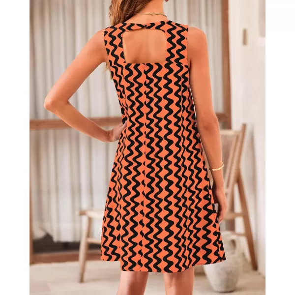 imageBTFBM Womens Sleeveless Summer T Shirt Dress Vintage Backless Cutout Beach Sundress Wavy Print Casual Mini Tank DressesWavy Orange