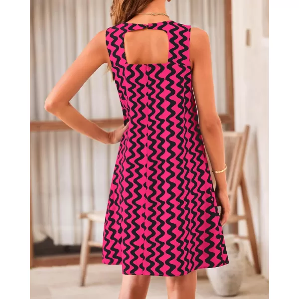 imageBTFBM Womens Sleeveless Summer T Shirt Dress Vintage Backless Cutout Beach Sundress Wavy Print Casual Mini Tank DressesWavy Rose Red