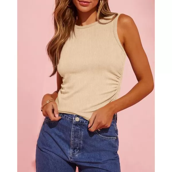 imageBTFBM Womens Sleeveless Tank Tops 2024 Summer Clothes Crew Neck Racerback Slim Cropped Casual Ribbed Knit Shirt TopSolid Beige
