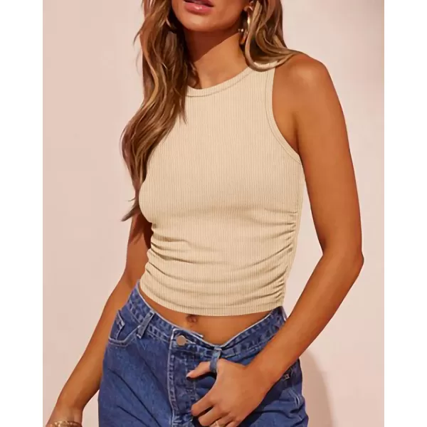 imageBTFBM Womens Sleeveless Tank Tops 2024 Summer Clothes Crew Neck Racerback Slim Cropped Casual Ribbed Knit Shirt TopSolid Beige
