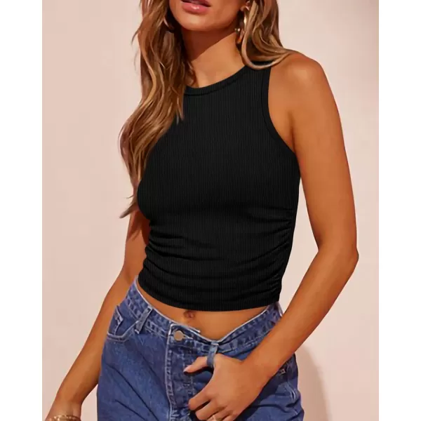 imageBTFBM Womens Sleeveless Tank Tops 2024 Summer Clothes Crew Neck Racerback Slim Cropped Casual Ribbed Knit Shirt TopSolid Black
