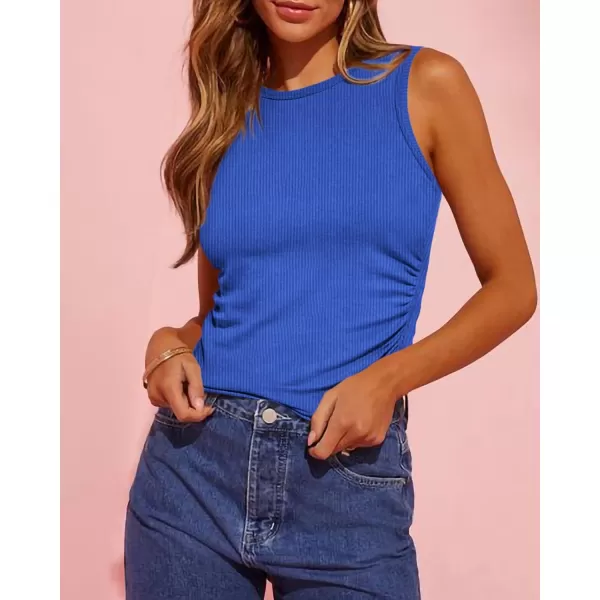 imageBTFBM Womens Sleeveless Tank Tops 2024 Summer Clothes Crew Neck Racerback Slim Cropped Casual Ribbed Knit Shirt TopSolid Blue