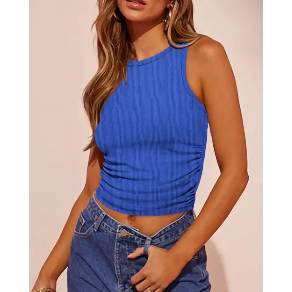 imageBTFBM Womens Sleeveless Tank Tops 2024 Summer Clothes Crew Neck Racerback Slim Cropped Casual Ribbed Knit Shirt TopSolid Blue