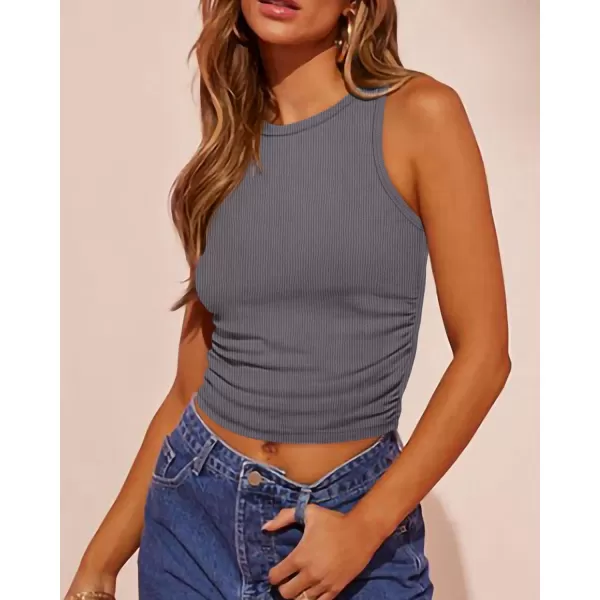 imageBTFBM Womens Sleeveless Tank Tops 2024 Summer Clothes Crew Neck Racerback Slim Cropped Casual Ribbed Knit Shirt TopSolid Dark Grey