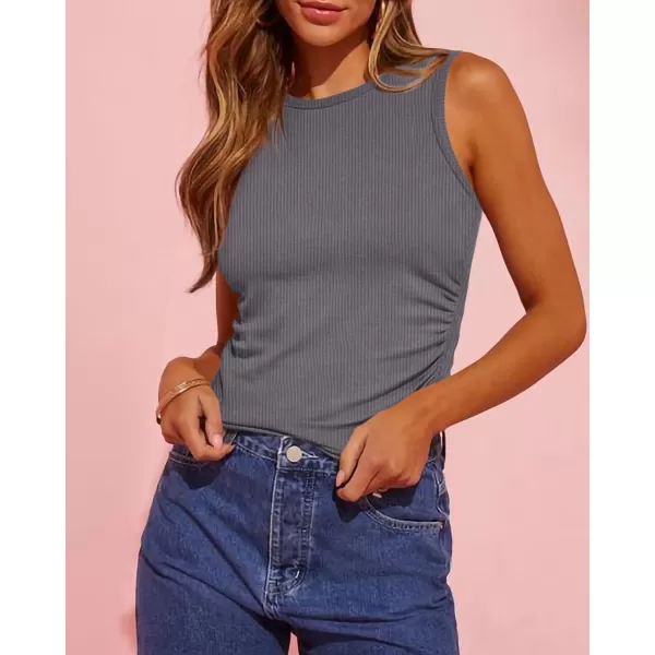 imageBTFBM Womens Sleeveless Tank Tops 2024 Summer Clothes Crew Neck Racerback Slim Cropped Casual Ribbed Knit Shirt TopSolid Dark Grey