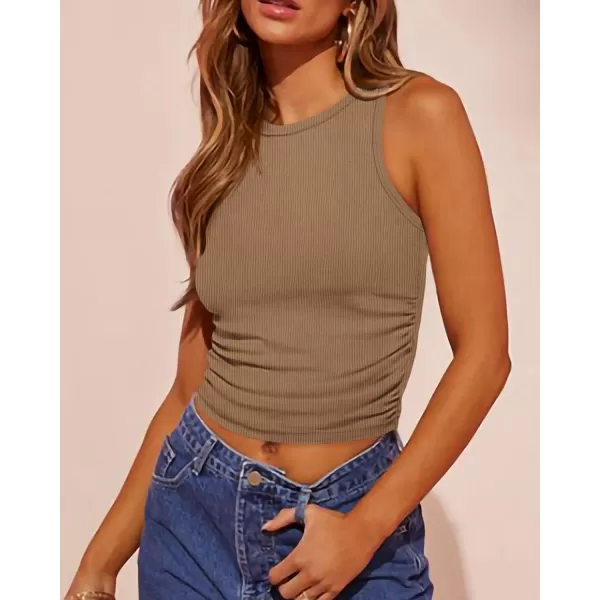 imageBTFBM Womens Sleeveless Tank Tops 2024 Summer Clothes Crew Neck Racerback Slim Cropped Casual Ribbed Knit Shirt TopSolid Khaki
