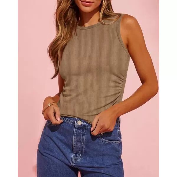 imageBTFBM Womens Sleeveless Tank Tops 2024 Summer Clothes Crew Neck Racerback Slim Cropped Casual Ribbed Knit Shirt TopSolid Khaki