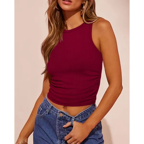 imageBTFBM Womens Sleeveless Tank Tops 2024 Summer Clothes Crew Neck Racerback Slim Cropped Casual Ribbed Knit Shirt TopSolid Wine Red