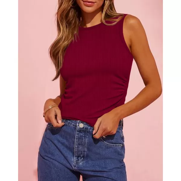 imageBTFBM Womens Sleeveless Tank Tops 2024 Summer Clothes Crew Neck Racerback Slim Cropped Casual Ribbed Knit Shirt TopSolid Wine Red