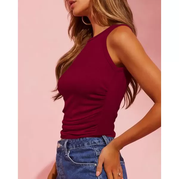 imageBTFBM Womens Sleeveless Tank Tops 2024 Summer Clothes Crew Neck Racerback Slim Cropped Casual Ribbed Knit Shirt TopSolid Wine Red