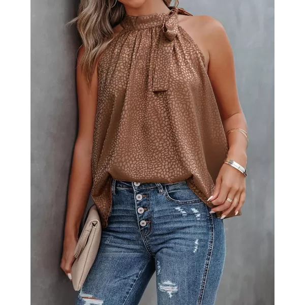 imageBTFBM Womens Sleeveless Tie Mock Neck Summer Tops Loose Soft Casual Side Bow Halter Tank Top Blouse Shirts Leopard PrintHalter Dark Brown