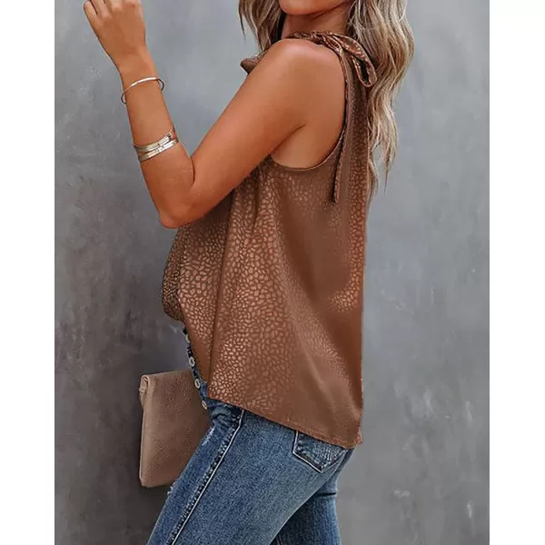 imageBTFBM Womens Sleeveless Tie Mock Neck Summer Tops Loose Soft Casual Side Bow Halter Tank Top Blouse Shirts Leopard PrintHalter Dark Brown
