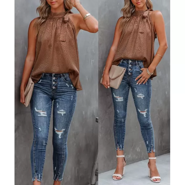 imageBTFBM Womens Sleeveless Tie Mock Neck Summer Tops Loose Soft Casual Side Bow Halter Tank Top Blouse Shirts Leopard PrintHalter Dark Brown