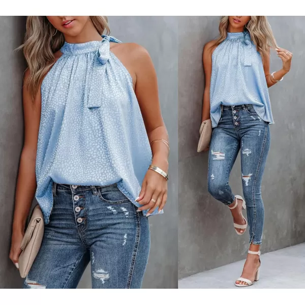 imageBTFBM Womens Sleeveless Tie Mock Neck Summer Tops Loose Soft Casual Side Bow Halter Tank Top Blouse Shirts Leopard PrintHalter Light Blue