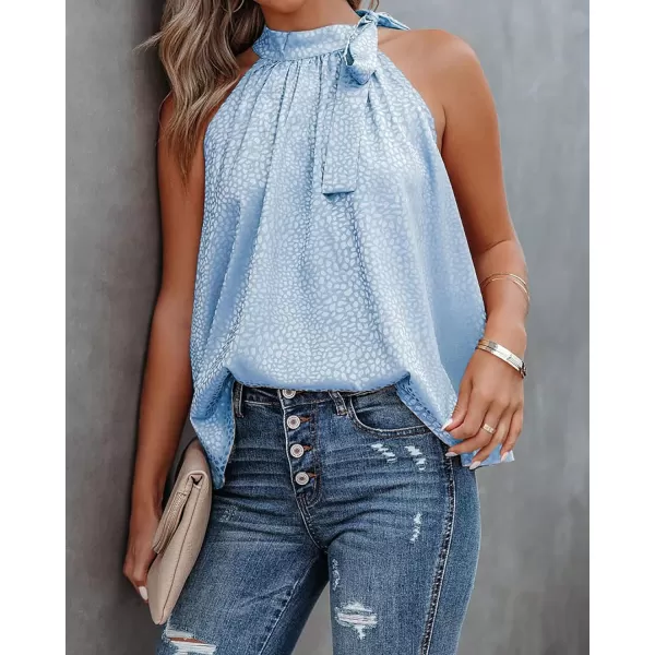 imageBTFBM Womens Sleeveless Tie Mock Neck Summer Tops Loose Soft Casual Side Bow Halter Tank Top Blouse Shirts Leopard PrintHalter Light Blue