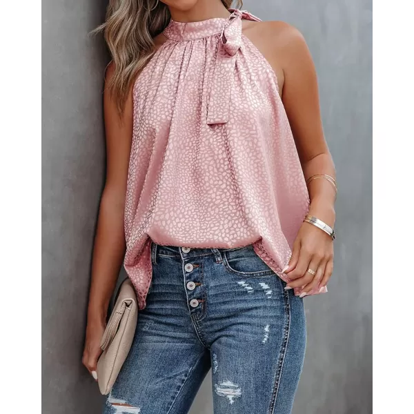 imageBTFBM Womens Sleeveless Tie Mock Neck Summer Tops Loose Soft Casual Side Bow Halter Tank Top Blouse Shirts Leopard PrintHalter Light Pink