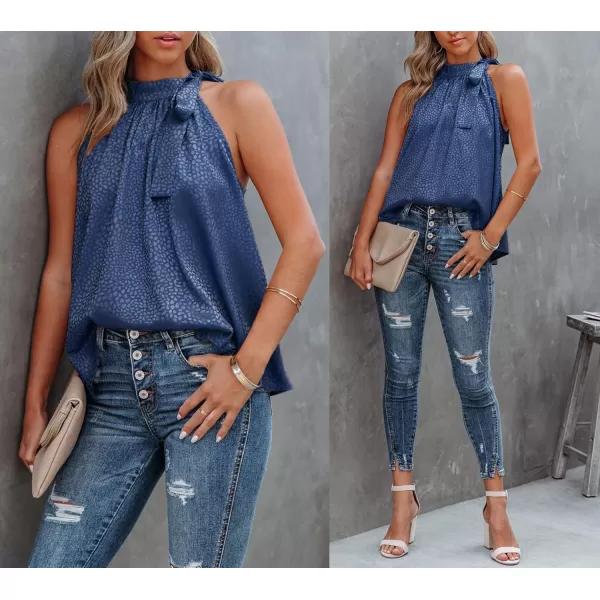 imageBTFBM Womens Sleeveless Tie Mock Neck Summer Tops Loose Soft Casual Side Bow Halter Tank Top Blouse Shirts Leopard PrintHalter Navy