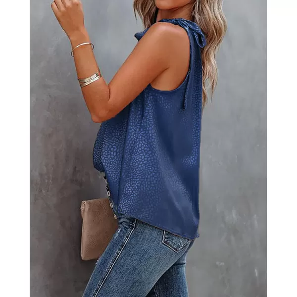 imageBTFBM Womens Sleeveless Tie Mock Neck Summer Tops Loose Soft Casual Side Bow Halter Tank Top Blouse Shirts Leopard PrintHalter Navy