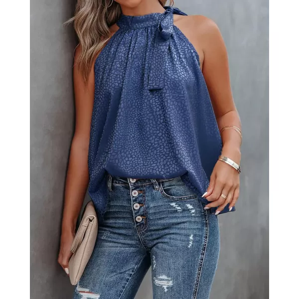 imageBTFBM Womens Sleeveless Tie Mock Neck Summer Tops Loose Soft Casual Side Bow Halter Tank Top Blouse Shirts Leopard PrintHalter Navy
