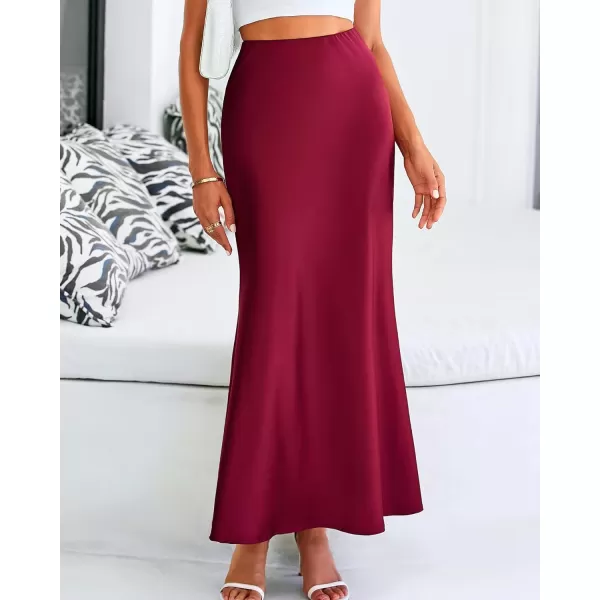 imageBTFBM Womens Spring Summer Skirt 2024 Silk Elegant High Waist Cocktail Party Wedding Mermaid Hem Satin Maxi SkirtsSolid Wine Red