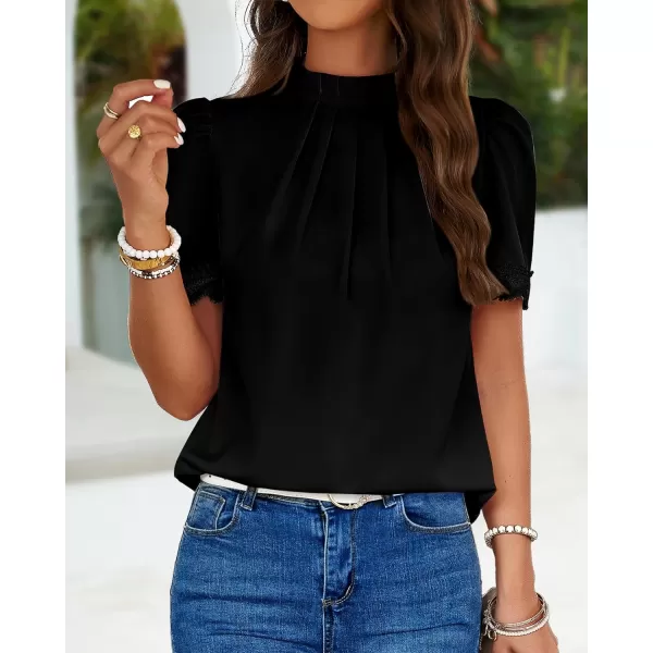 imageBTFBM Womens Spring Tops 2024 Pleated Mock Neck Lace Trim Short Sleeve Summer Shirts Dressy Casual Top Blouse ShirtSolid Black
