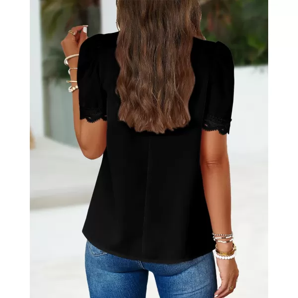 imageBTFBM Womens Spring Tops 2024 Pleated Mock Neck Lace Trim Short Sleeve Summer Shirts Dressy Casual Top Blouse ShirtSolid Black