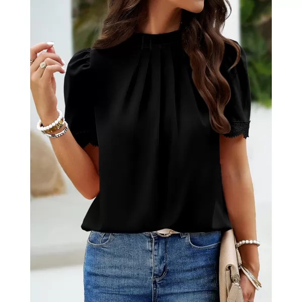 imageBTFBM Womens Spring Tops 2024 Pleated Mock Neck Lace Trim Short Sleeve Summer Shirts Dressy Casual Top Blouse ShirtSolid Black