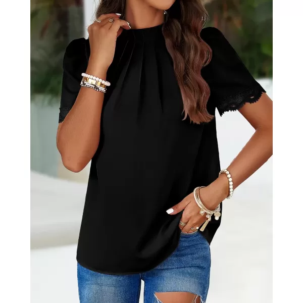 imageBTFBM Womens Spring Tops 2024 Pleated Mock Neck Lace Trim Short Sleeve Summer Shirts Dressy Casual Top Blouse ShirtSolid Black