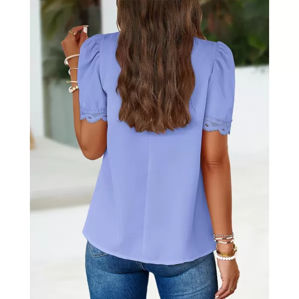 imageBTFBM Womens Spring Tops 2024 Pleated Mock Neck Lace Trim Short Sleeve Summer Shirts Dressy Casual Top Blouse ShirtSolid Blue