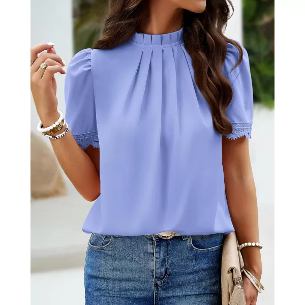 imageBTFBM Womens Spring Tops 2024 Pleated Mock Neck Lace Trim Short Sleeve Summer Shirts Dressy Casual Top Blouse ShirtSolid Blue