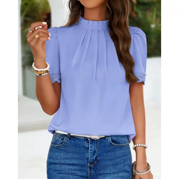 imageBTFBM Womens Spring Tops 2024 Pleated Mock Neck Lace Trim Short Sleeve Summer Shirts Dressy Casual Top Blouse ShirtSolid Blue
