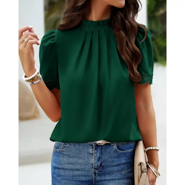 imageBTFBM Womens Spring Tops 2024 Pleated Mock Neck Lace Trim Short Sleeve Summer Shirts Dressy Casual Top Blouse ShirtSolid Dark Green
