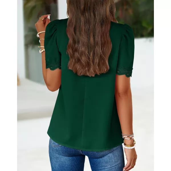 imageBTFBM Womens Spring Tops 2024 Pleated Mock Neck Lace Trim Short Sleeve Summer Shirts Dressy Casual Top Blouse ShirtSolid Dark Green