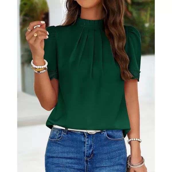 imageBTFBM Womens Spring Tops 2024 Pleated Mock Neck Lace Trim Short Sleeve Summer Shirts Dressy Casual Top Blouse ShirtSolid Dark Green