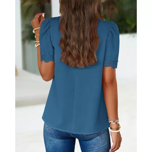 imageBTFBM Womens Spring Tops 2024 Pleated Mock Neck Lace Trim Short Sleeve Summer Shirts Dressy Casual Top Blouse ShirtSolid Lake Blue
