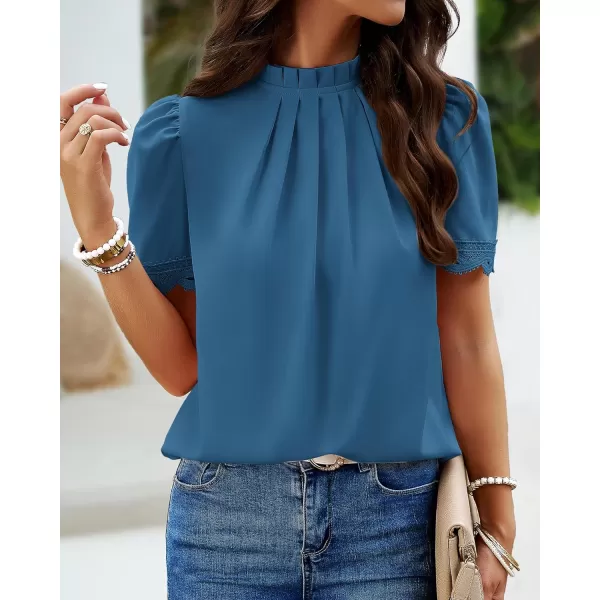 imageBTFBM Womens Spring Tops 2024 Pleated Mock Neck Lace Trim Short Sleeve Summer Shirts Dressy Casual Top Blouse ShirtSolid Lake Blue