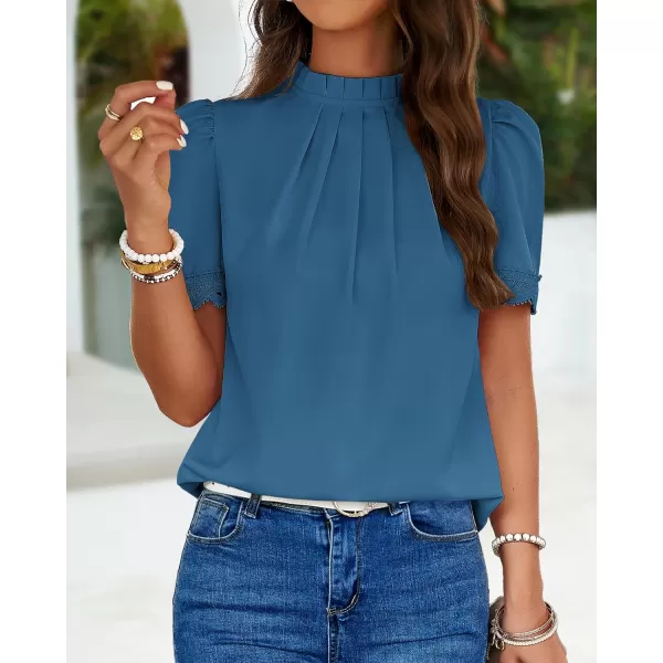imageBTFBM Womens Spring Tops 2024 Pleated Mock Neck Lace Trim Short Sleeve Summer Shirts Dressy Casual Top Blouse ShirtSolid Lake Blue
