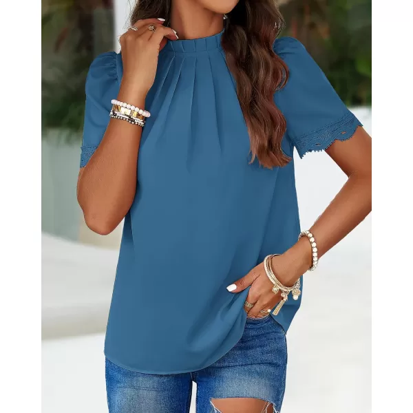 imageBTFBM Womens Spring Tops 2024 Pleated Mock Neck Lace Trim Short Sleeve Summer Shirts Dressy Casual Top Blouse ShirtSolid Lake Blue