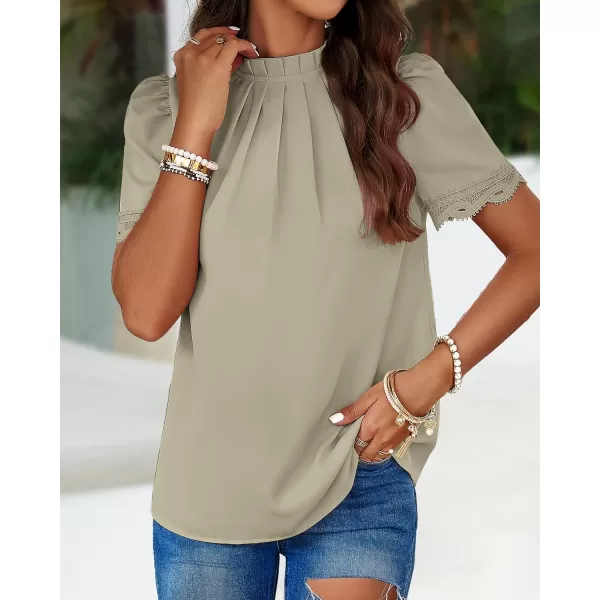 imageBTFBM Womens Spring Tops 2024 Pleated Mock Neck Lace Trim Short Sleeve Summer Shirts Dressy Casual Top Blouse ShirtSolid Light Green