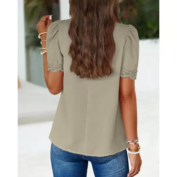 imageBTFBM Womens Spring Tops 2024 Pleated Mock Neck Lace Trim Short Sleeve Summer Shirts Dressy Casual Top Blouse ShirtSolid Light Green