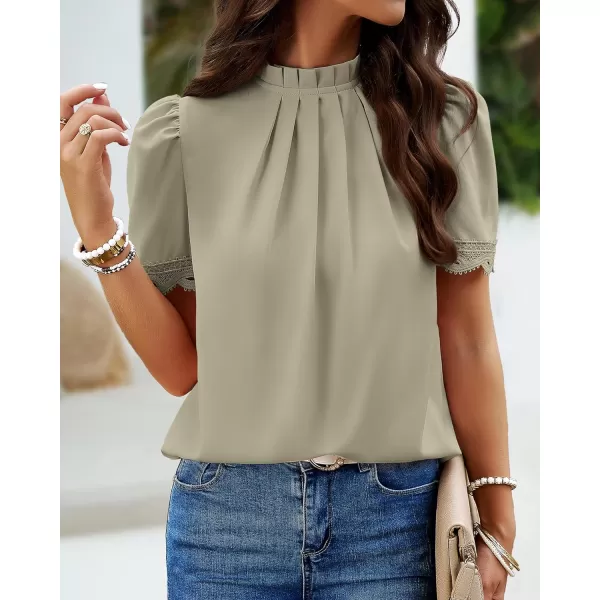 imageBTFBM Womens Spring Tops 2024 Pleated Mock Neck Lace Trim Short Sleeve Summer Shirts Dressy Casual Top Blouse ShirtSolid Light Green