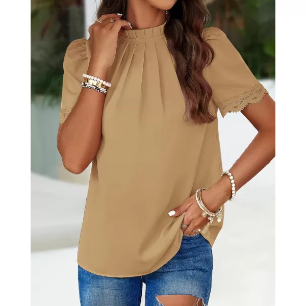imageBTFBM Womens Spring Tops 2024 Pleated Mock Neck Lace Trim Short Sleeve Summer Shirts Dressy Casual Top Blouse ShirtSolid Light Khaki