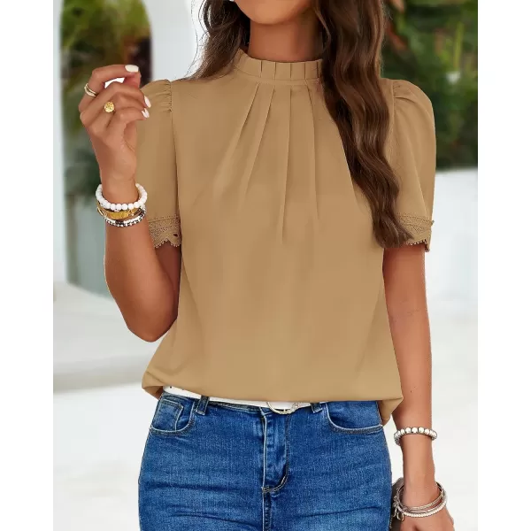 imageBTFBM Womens Spring Tops 2024 Pleated Mock Neck Lace Trim Short Sleeve Summer Shirts Dressy Casual Top Blouse ShirtSolid Light Khaki